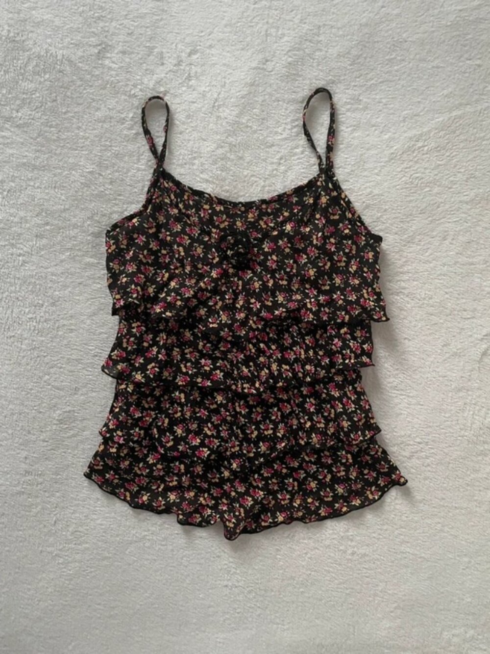 Vintage Y2K Black and Multi-Coloured Floral Tiered Cami Top Size S